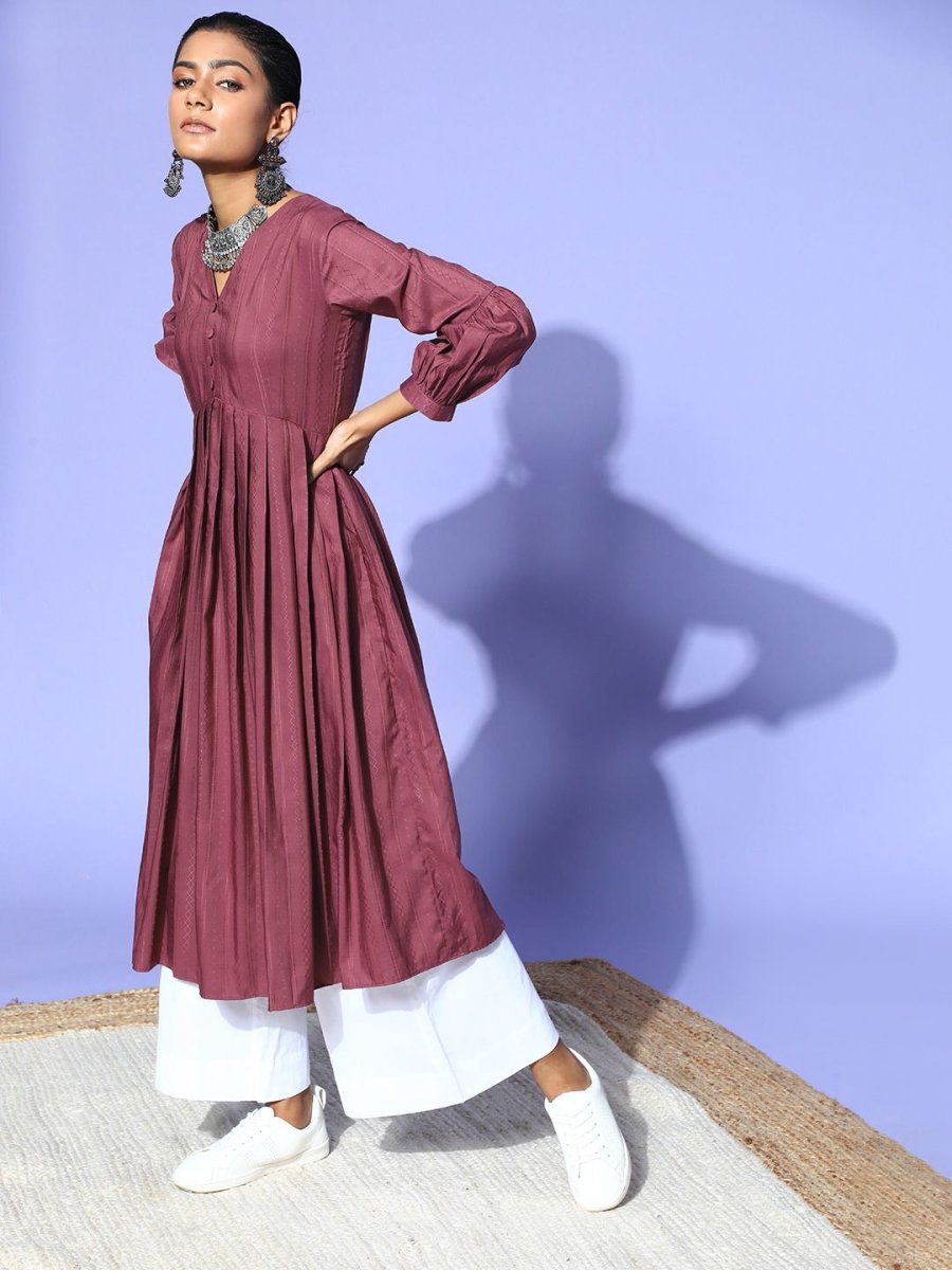 Mauve Self Design Kurta - Inddus.com