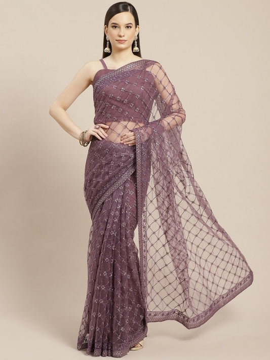 Mauve Sequinned and Embroidered Saree - inddus-us