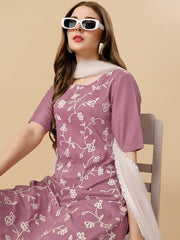 Mauve & White Floral Embroidered Regular Thread Work Kurta & Trousers With Dupatta - Inddus.com