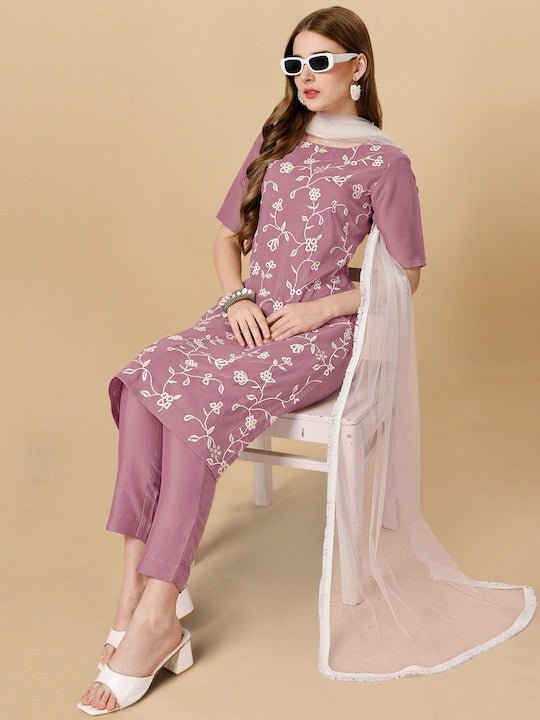 Mauve & White Floral Embroidered Regular Thread Work Kurta & Trousers With Dupatta - Inddus.com