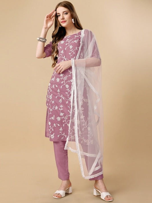 Mauve & White Floral Embroidered Regular Thread Work Kurta & Trousers With Dupatta - Inddus.com