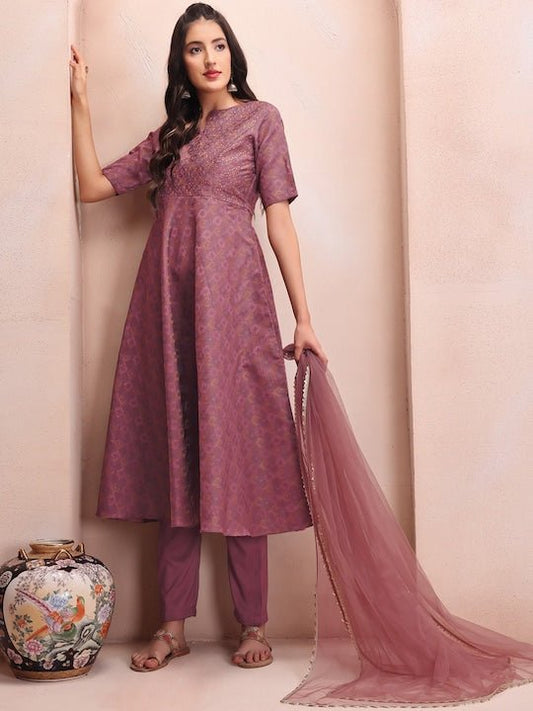 Mauve Woven Design Sequinned A-Line Kurta & Trousers With Dupatta - Inddus.com