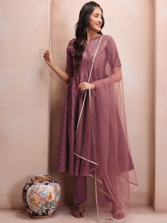 Mauve Woven Design Sequinned A-Line Kurta & Trousers With Dupatta - Inddus.com