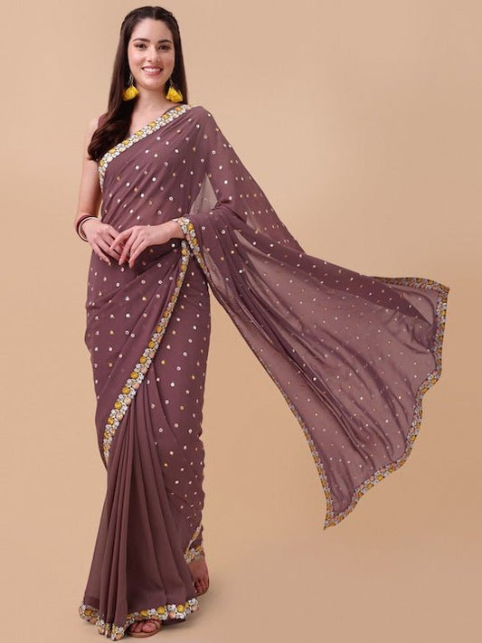 Mauve & Yellow Ethnic Motifs Embroidered Saree - Inddus.com