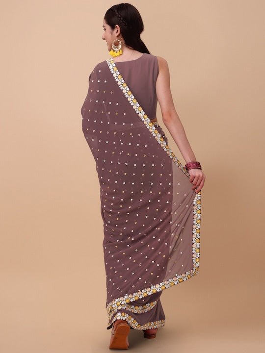 Mauve & Yellow Ethnic Motifs Embroidered Saree - Inddus.com