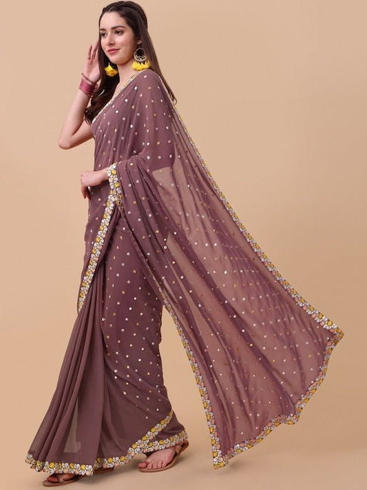 Mauve & Yellow Ethnic Motifs Embroidered Saree - Inddus.com