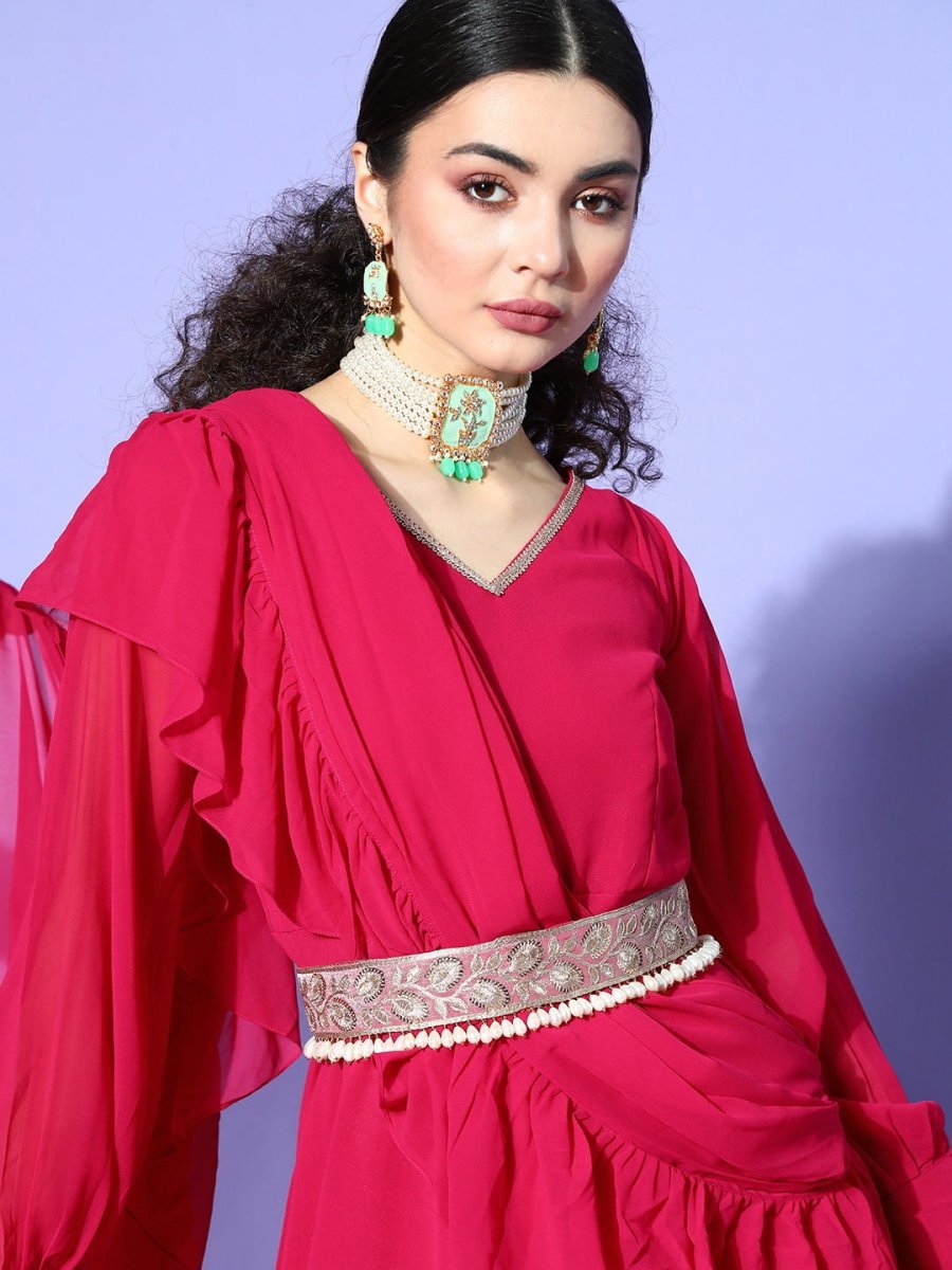 Megenta Pink Gown with Draped Ruffled Dupatta and Belt - Inddus.com