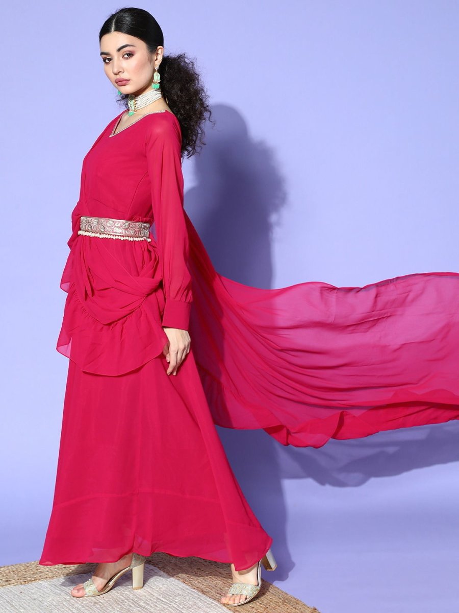 Megenta Pink Gown with Draped Ruffled Dupatta and Belt - Inddus.com