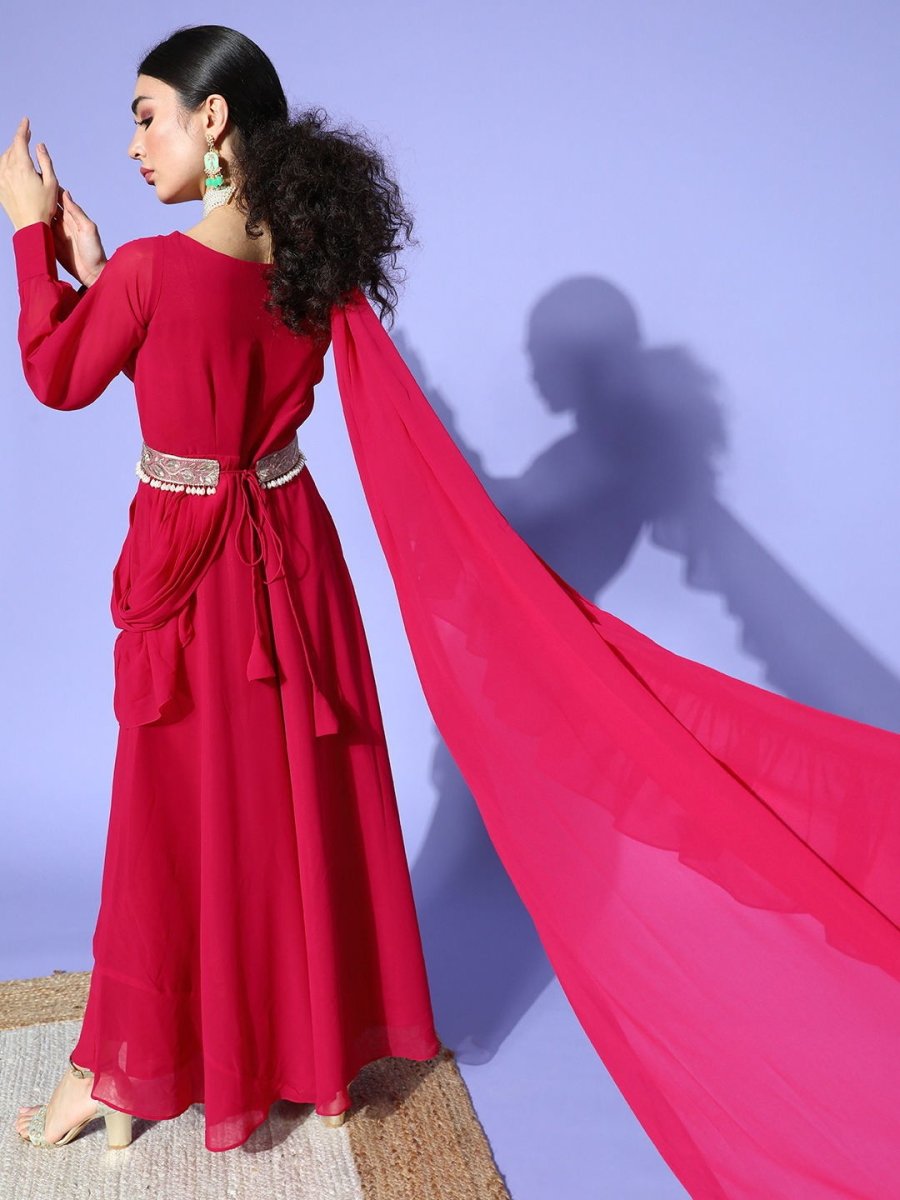 Megenta Pink Gown with Draped Ruffled Dupatta and Belt - Inddus.com