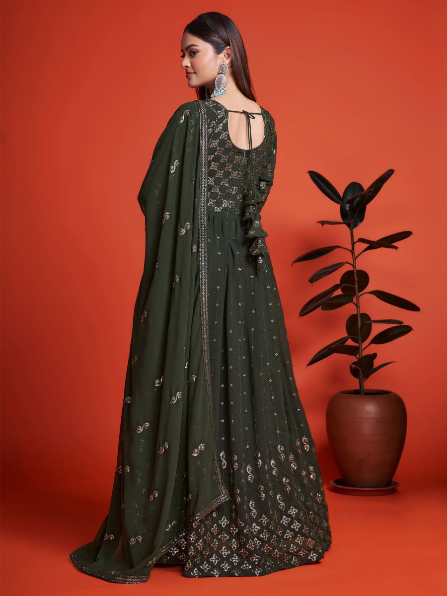 Mehndi Green Georgette Partywear Anarkali Style Suit - Inddus.com