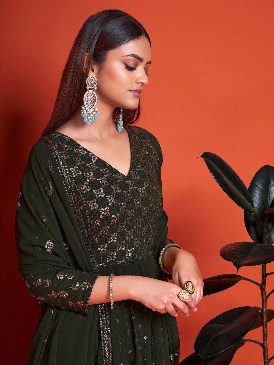 Mehndi Green Georgette Partywear Anarkali Style Suit - Inddus.com