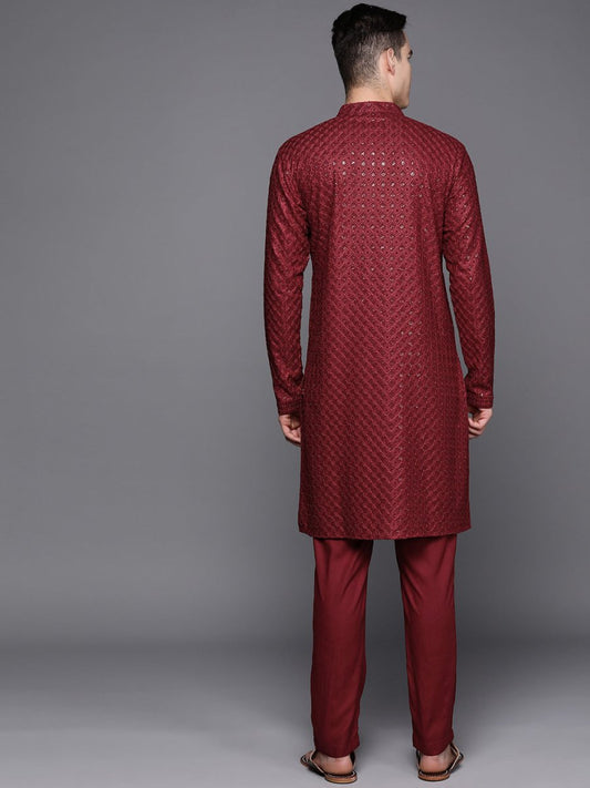 Men Maroon Ethnic Motifs Embroidered Chikankari Kurta with Trousers - Inddus.com