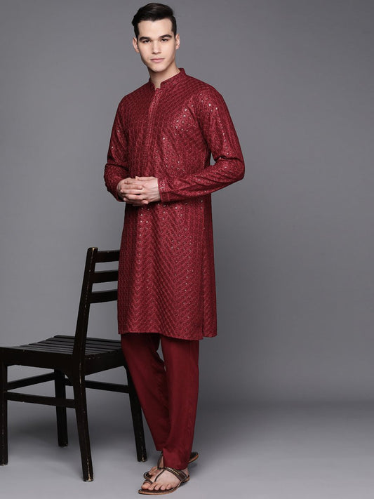 Men Maroon Ethnic Motifs Embroidered Chikankari Kurta with Trousers - Inddus.com