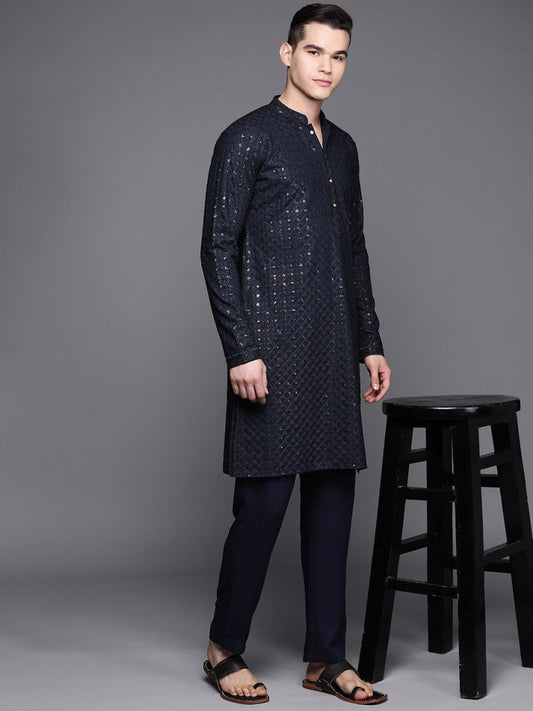 Men Navy Blue Ethnic Motifs Embroidered Chikankari Kurta with Trousers - Inddus.com