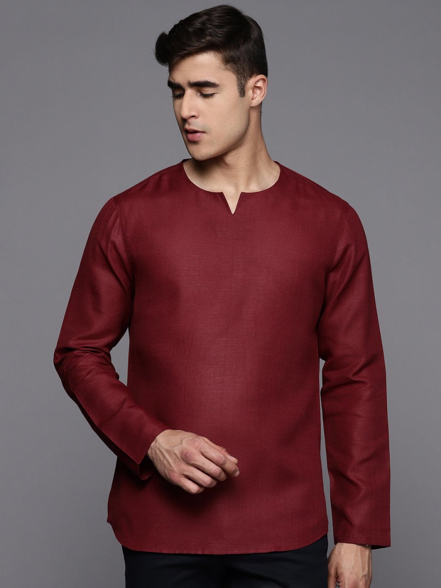 Mens Solid Round Neck with V-Cut Short Kurta - Inddus.com