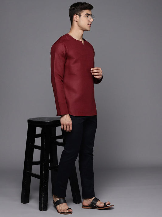 Mens Solid Round Neck with V-Cut Short Kurta - Inddus.com