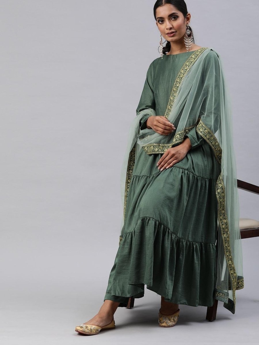 Metalic Silk Blend Solid Kurta Pant Dupatta Set - Inddus.com