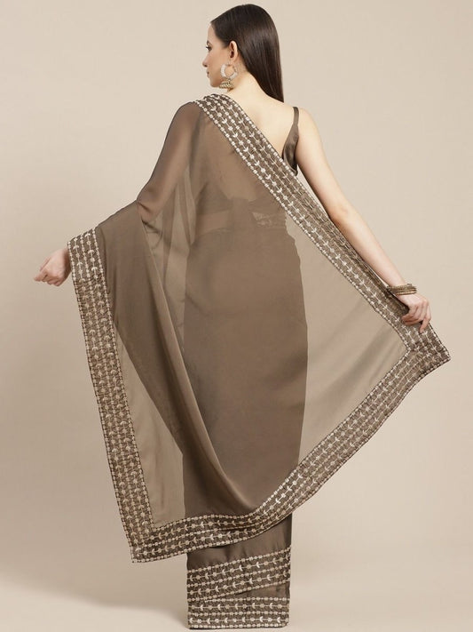 Metallic Brown Embroidered Laced Saree - inddus-us