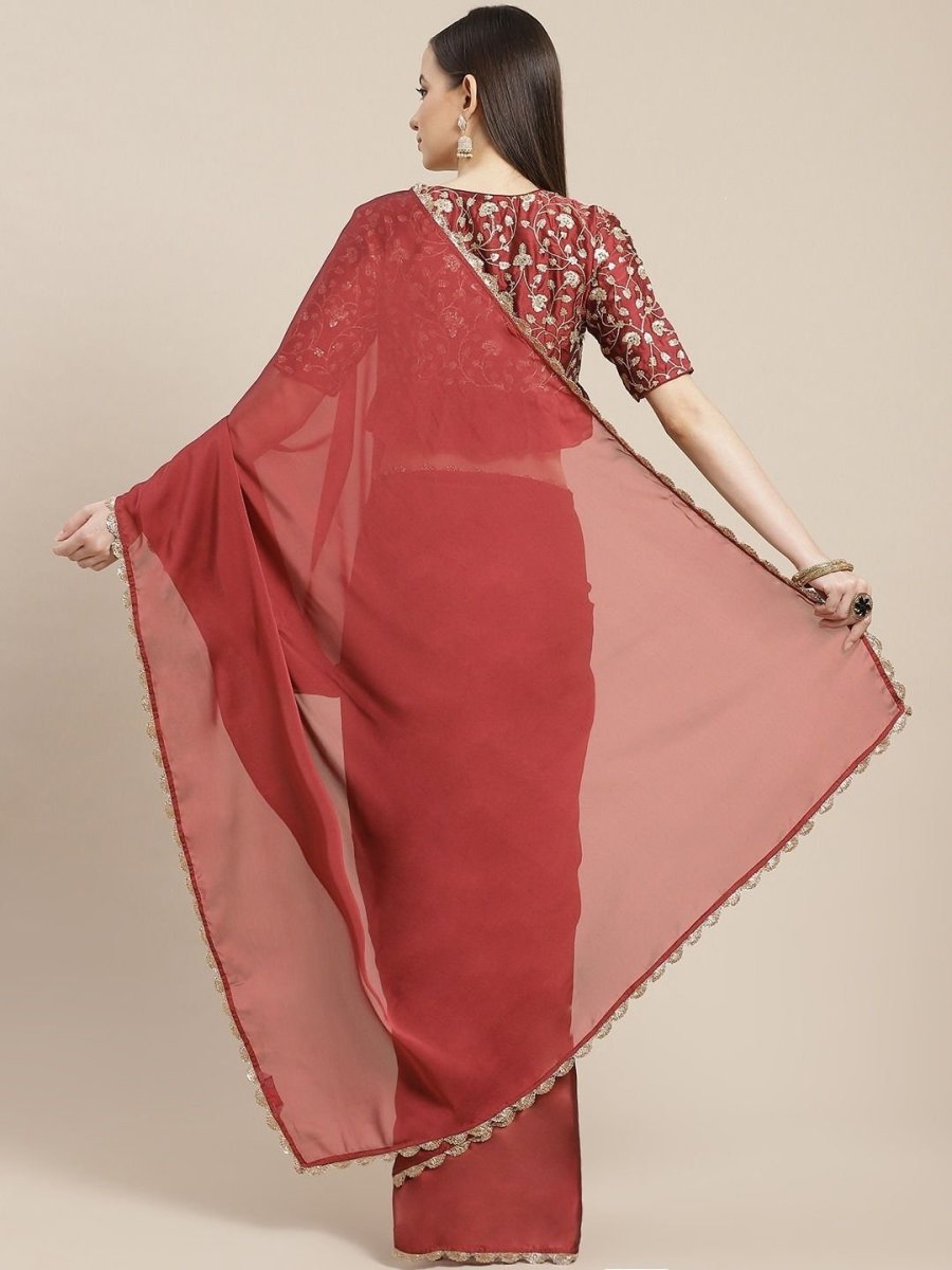 Metallic Maroon Solid Laced Saree - inddus-us