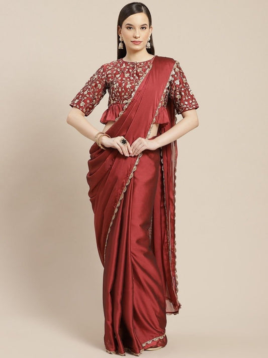 Metallic Maroon Solid Laced Saree - inddus-us