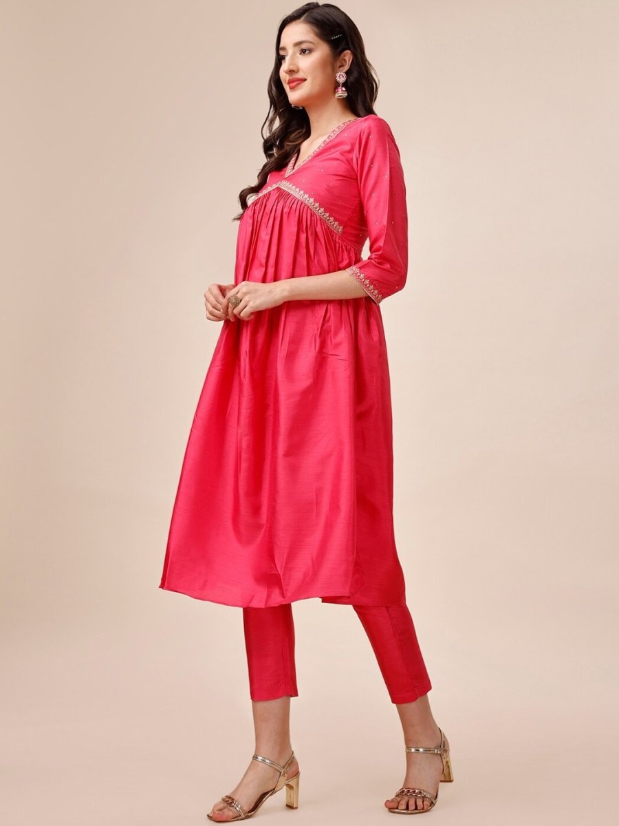 Mukaish Embroidered Yoke Design A-Line Kurta With Trousers - Inddus.com