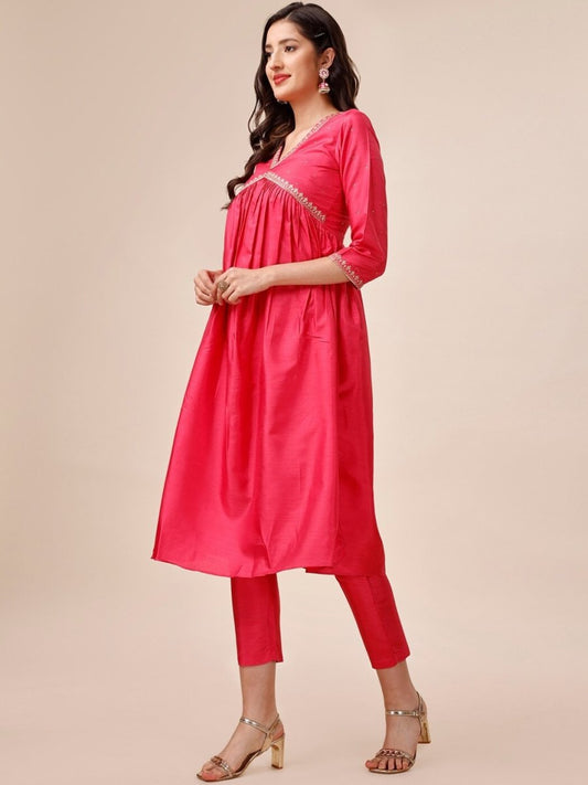 Mukaish Embroidered Yoke Design A-Line Kurta With Trousers - Inddus.com