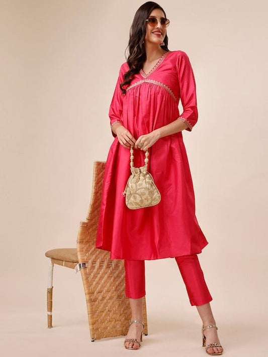 Mukaish Embroidered Yoke Design A-Line Kurta With Trousers - Inddus.com