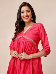 Mukaish Embroidered Yoke Design A-Line Kurta With Trousers - Inddus.com