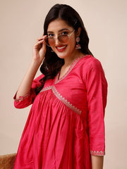 Mukaish Embroidered Yoke Design A-Line Kurta With Trousers - Inddus.com