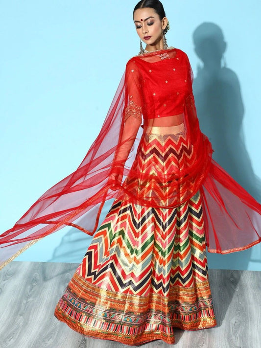 Multi Colour Lehenga with Net Dupatta and Blouse - Inddus.com