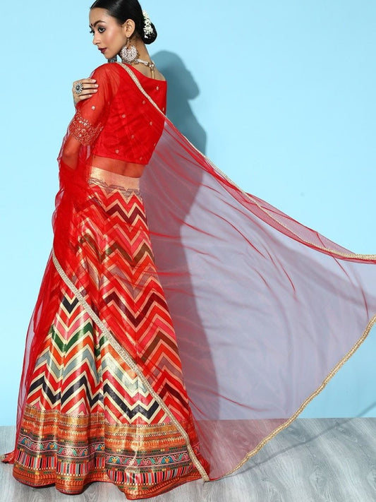 Multi Colour Lehenga with Net Dupatta and Blouse - Inddus.com