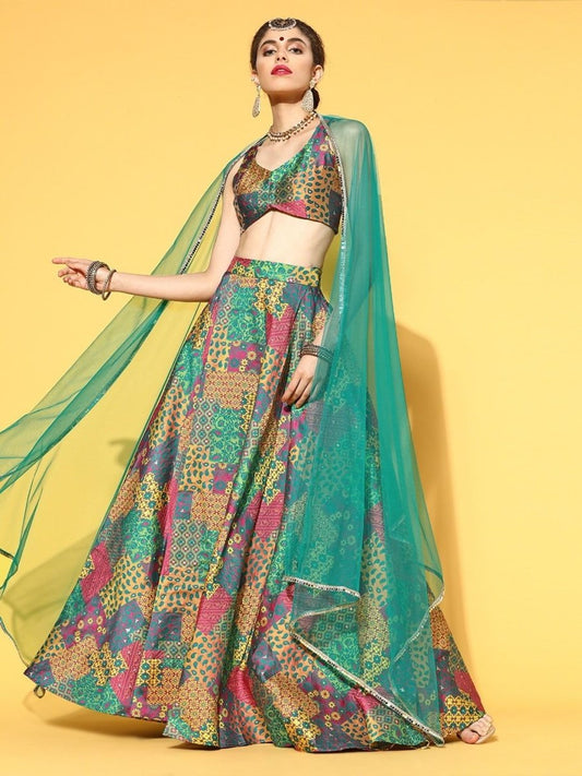 Multi Colour Woven Lehenga with Dupatta and Blouse - Inddus.com