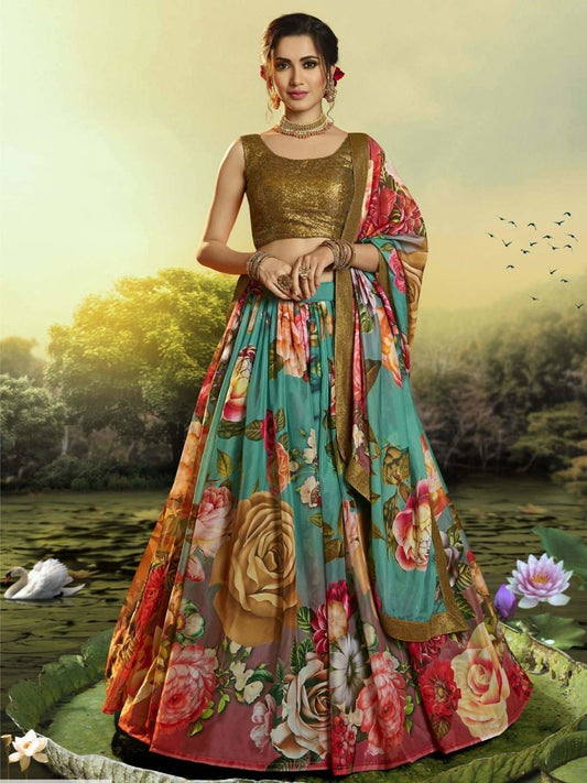 Multicolour Organza Festive Lehenga Choli - inddus-us