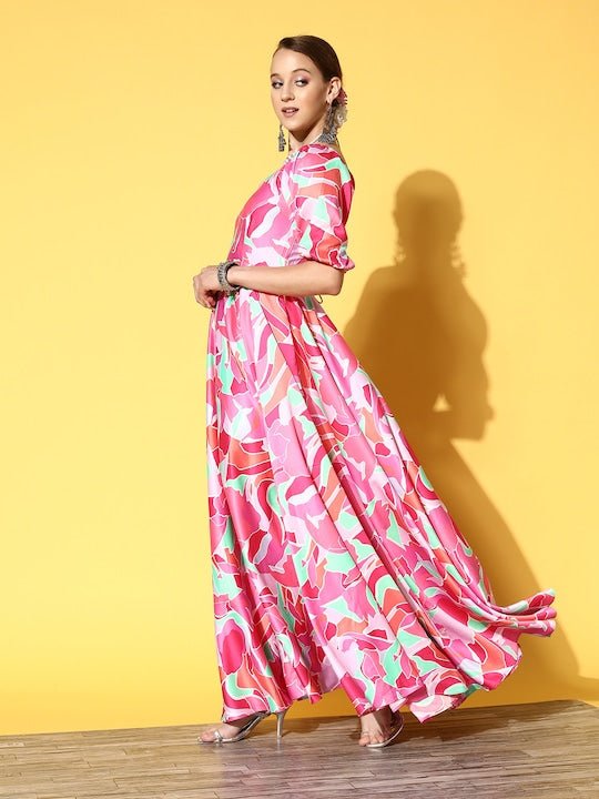 Multicoloured Satin Maxi Dress - Inddus.com