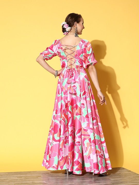 Multicoloured Satin Maxi Dress - Inddus.com