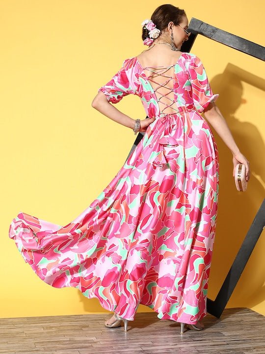 Multicoloured Satin Maxi Dress - Inddus.com