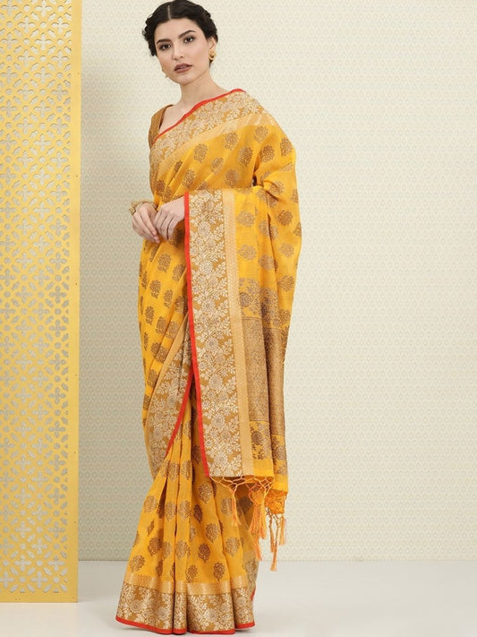 Mustard and Gold Ethnic Motifs Zari Woven Saree - Inddus.com