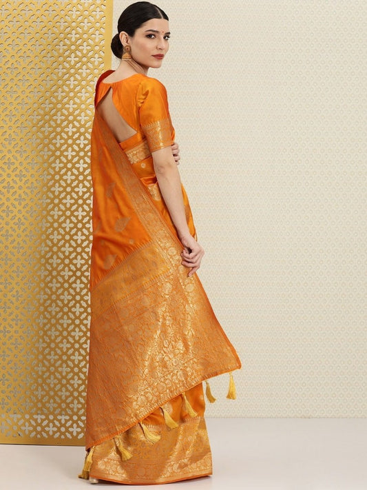 Mustard and Gold Ethnic Motifs Zari woven Saree - Inddus.com