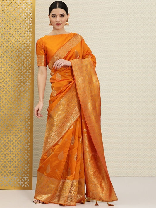 Mustard and Gold Ethnic Motifs Zari woven Saree - Inddus.com