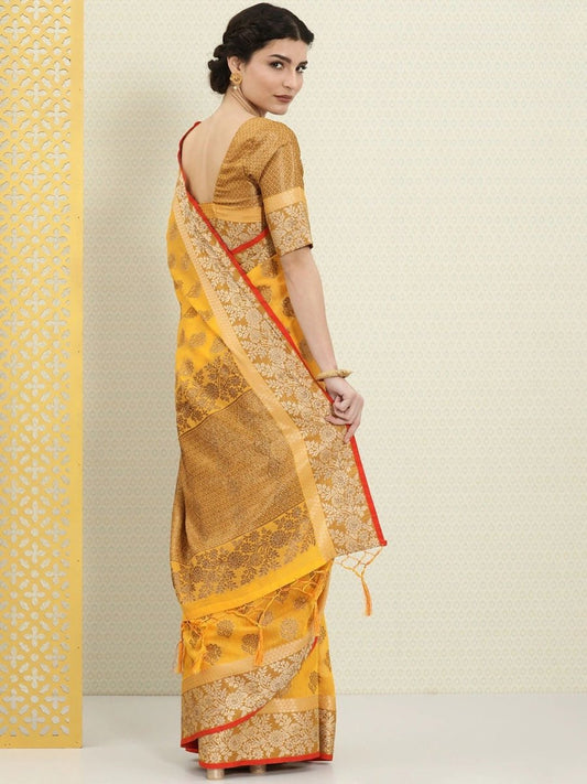 Mustard and Gold Ethnic Motifs Zari Woven Saree - Inddus.com