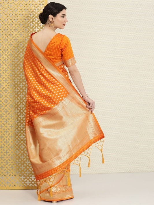 Mustard and Gold Ethnic motifs Zari Woven Traditional Saree - Inddus.com