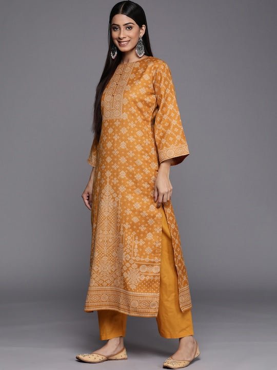 Mustard & Beige Printed Woven Pashmina Winter Wear Unstitched Dress Material - Inddus.com