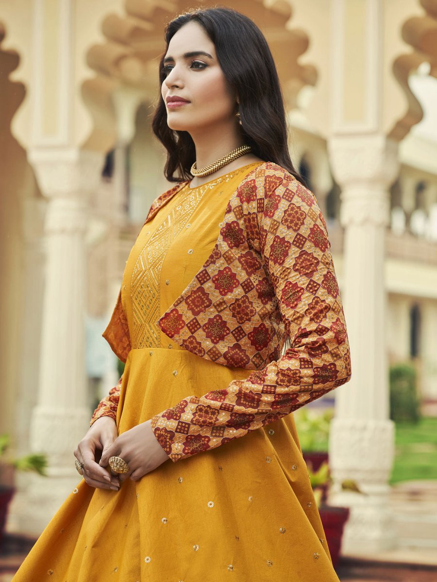 Mustard Cotton Festive Gown - Inddus.com