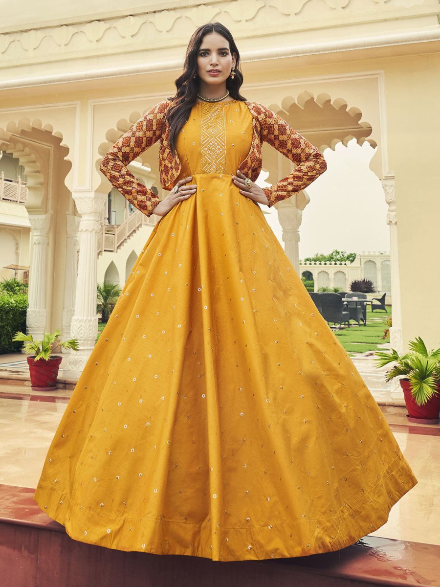 Mustard Cotton Festive Gown - Inddus.com