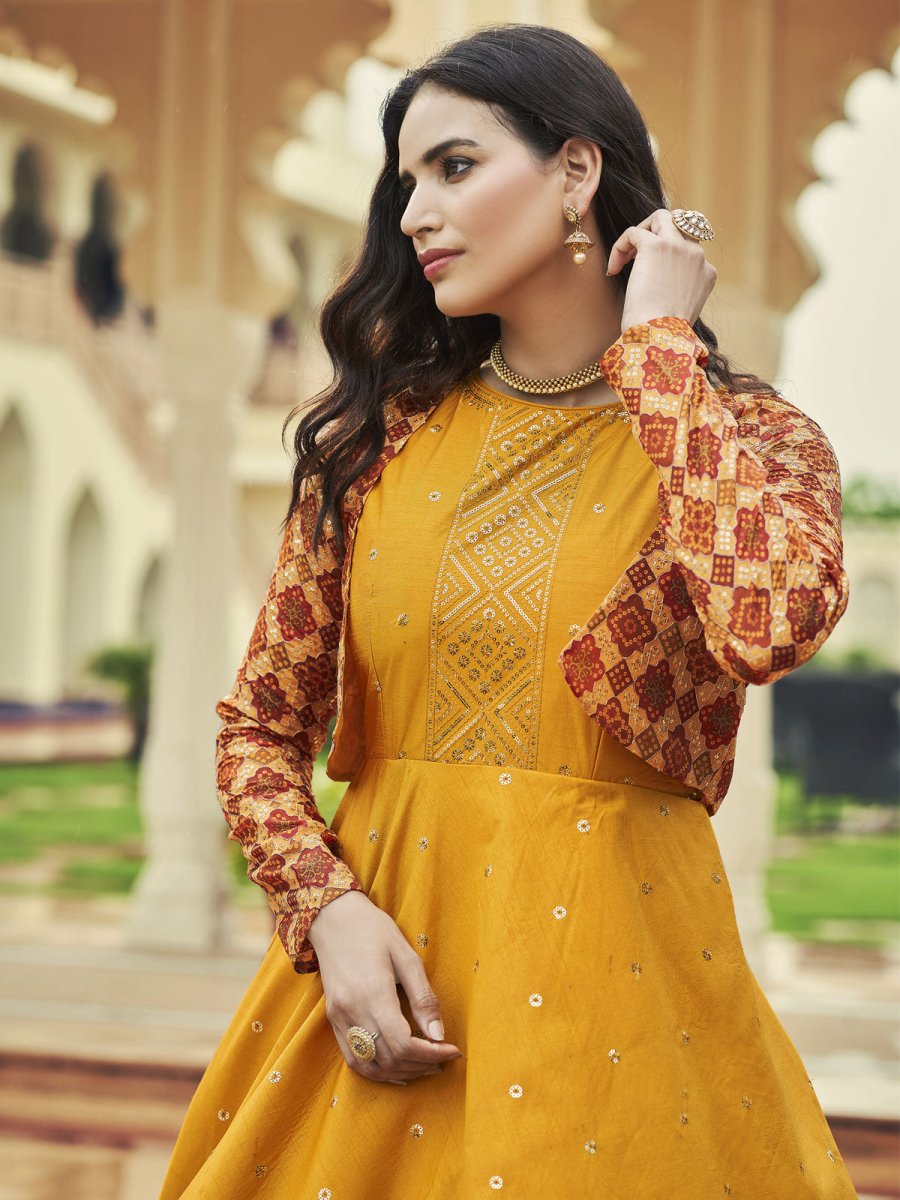 Mustard Cotton Festive Gown - Inddus.com