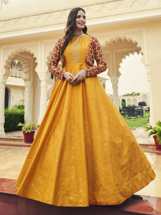 Mustard Cotton Festive Gown - Inddus.com