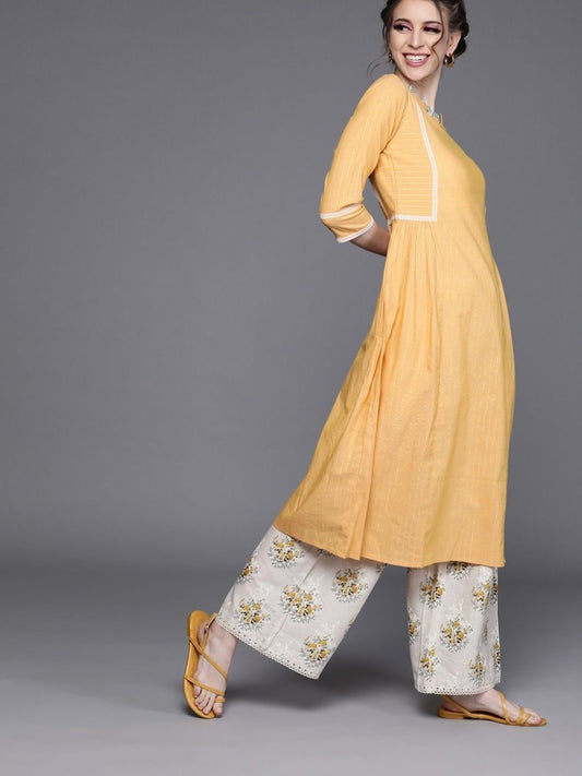 Mustard Cotton Striped Kurta - Inddus.com