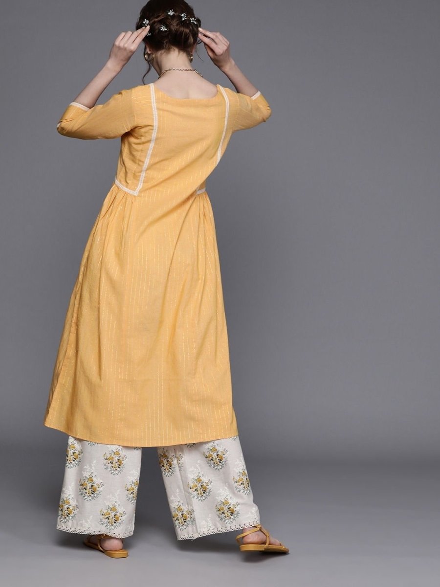 Mustard Cotton Striped Kurta - Inddus.com