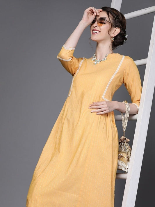 Mustard Cotton Striped Kurta - Inddus.com