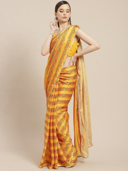 Mustard Digital Print Saree - inddus-us